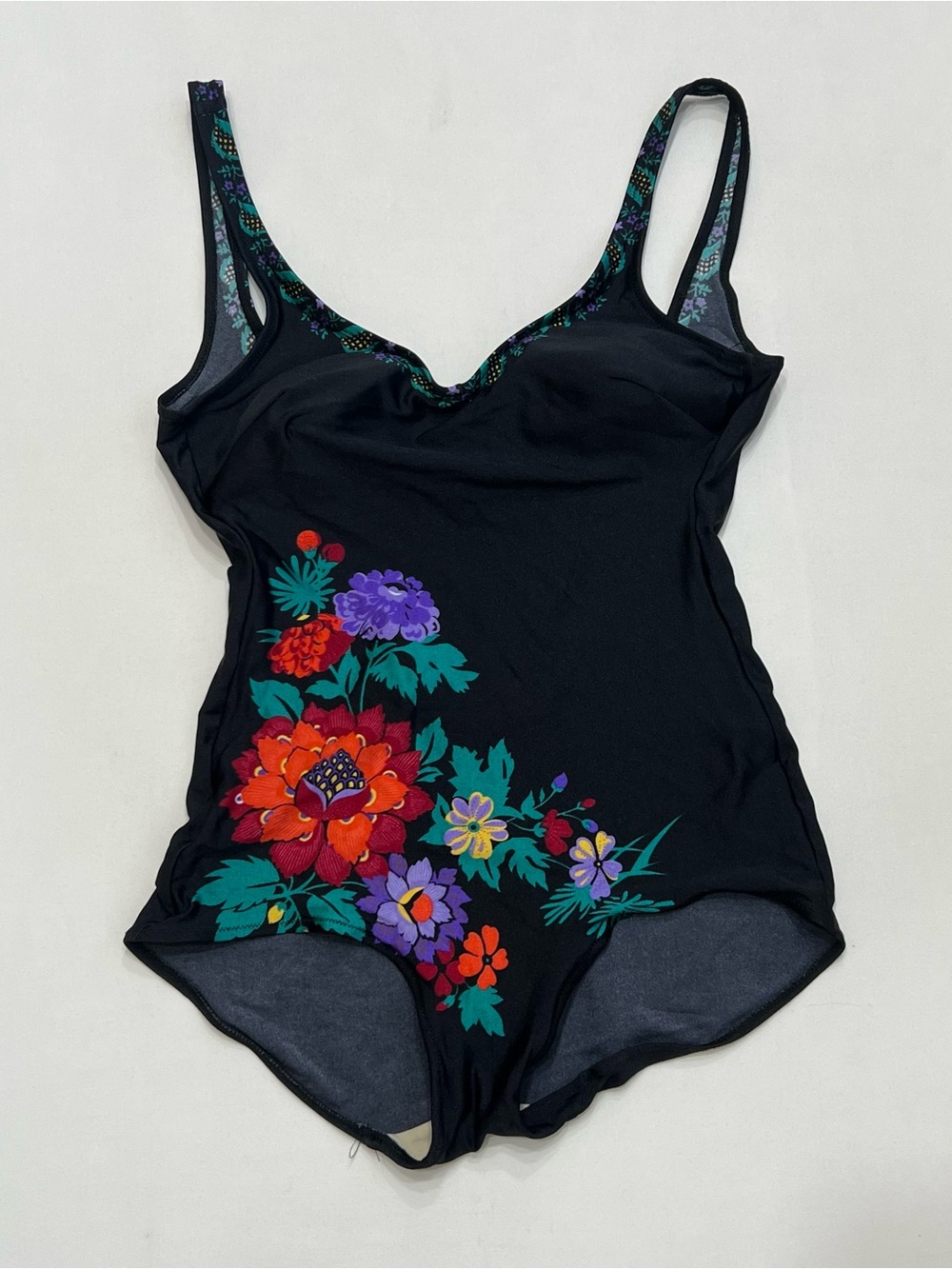 Vintage 1960s Gottex One Piece Swimsuit Sz 10 Black Retro Floral Low Back Pin Up